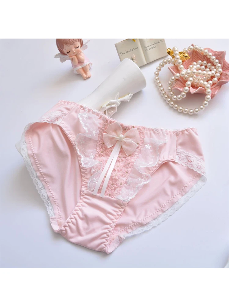 Śliczne piękne Sweety styl księżniczki Lolita Cosplay bielizna mleczne jedwabne falbany kokardka rozciągliwe haftowane majtki oddychające figi — zdjęcie 2