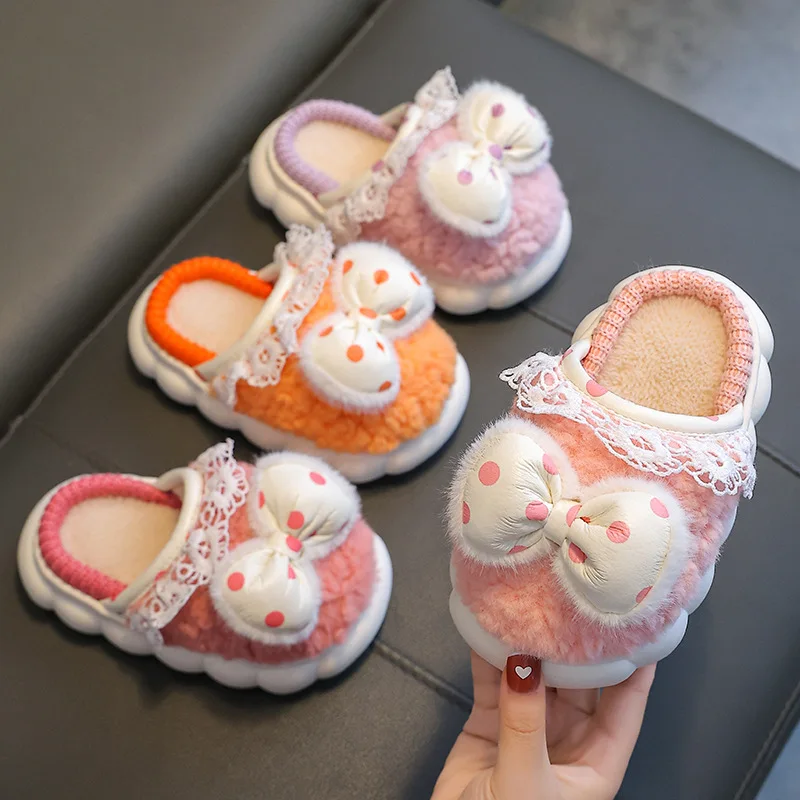 Autumn Winter New Princess Cotton Slippers for Girls Cute Bow Home Shoes Kids Warm Fur Slippers Indoor Anti-slip Floor Shoes 슬리퍼