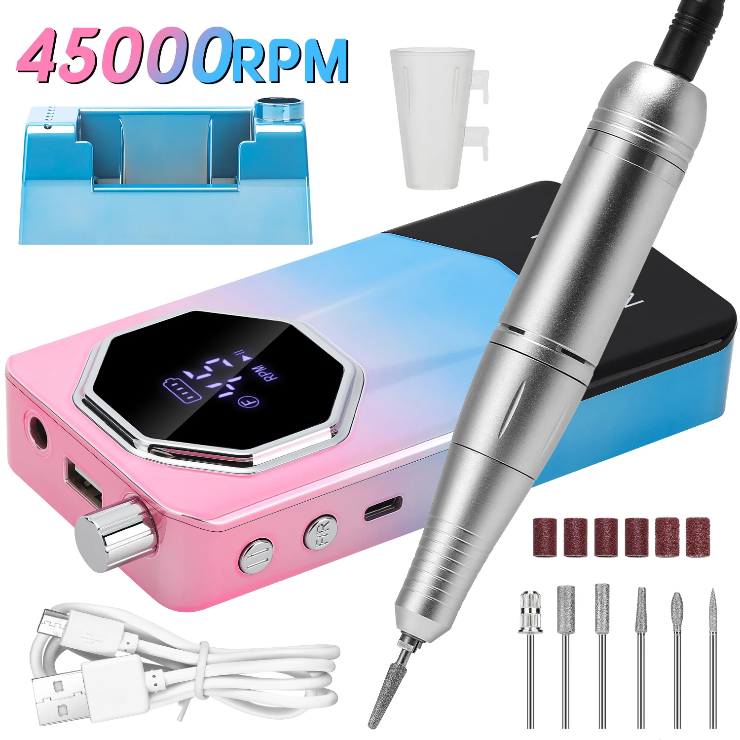 

Профессиональная дрель для ногтей 45000 об/мин, перезаряжаемая портативная электрическая пилочка для ногтей для маникюра, акриловые ногти с подставкой