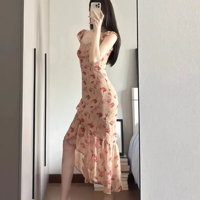 

Women Summer French Graceful Print Sleeveless Mermaid Dress 2025 New Lady Elegant Pink Ruffle Floral Asymmerical Dresses