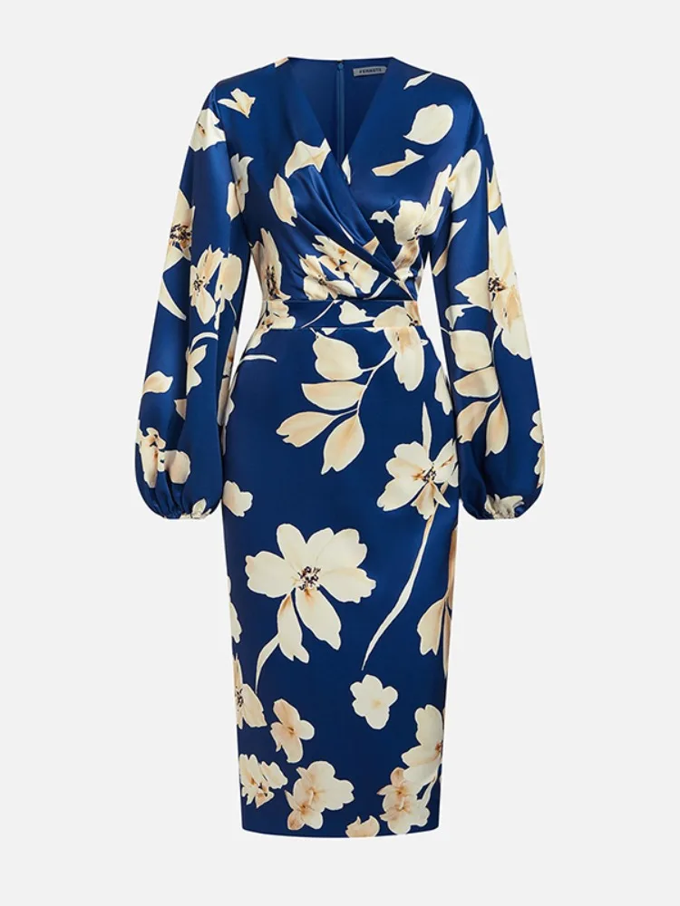Robe mi-longue élégante à imprimé Floral pour femmes, col en v, manches bouffantes, taille haute, moulante, robes de soirée élégantes, automne 2025