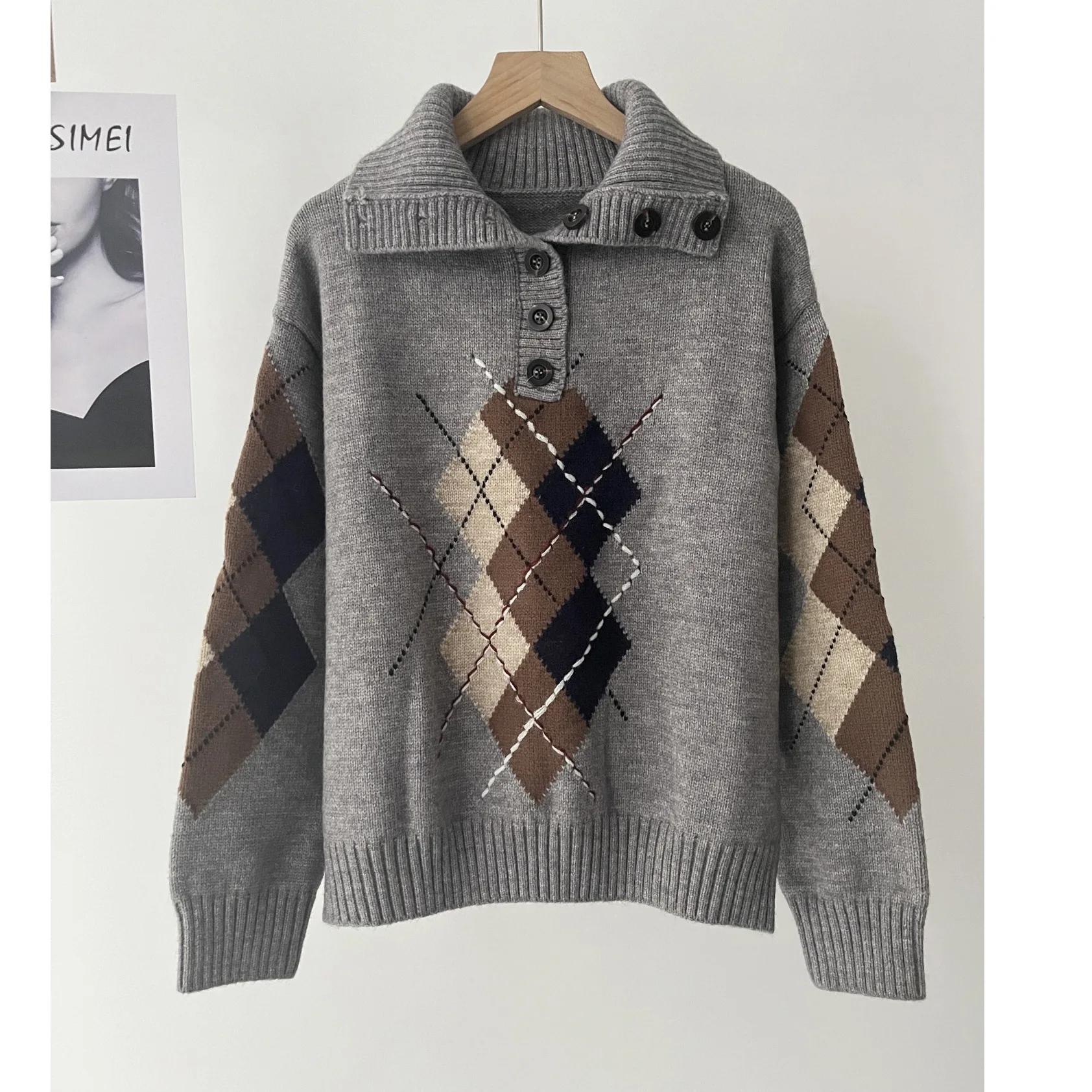 

Пуловер в стиле ретро в стиле ретро с ромбическими лацканами, темпераментный свитер, женский осенний 67b-1732