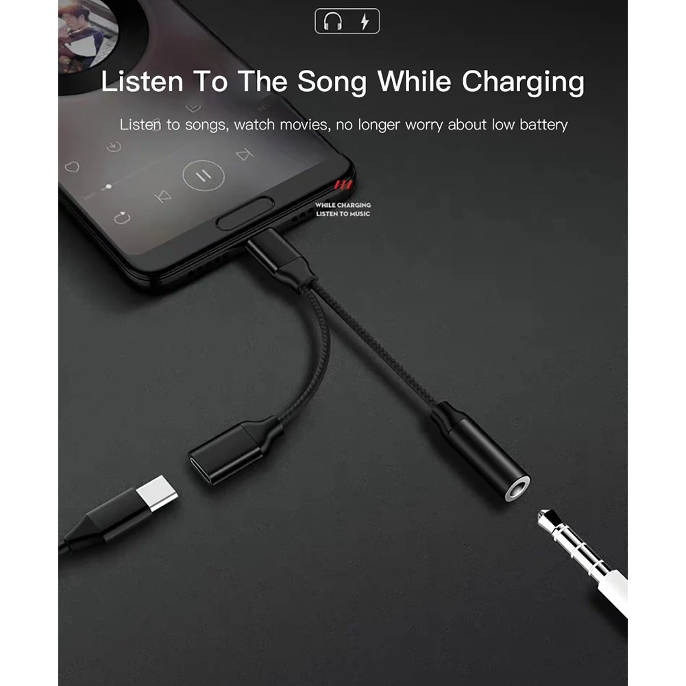 Type C to 3.5mm Charge Audio Adapter 2 in 1 USB C Splitter Headphone AUX Audio Cable for Huawei Smartphone Splitter