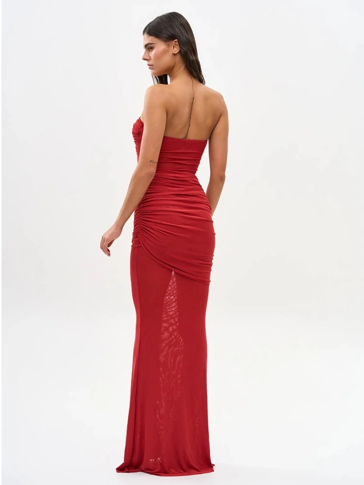Sexy Strapless Sheer Mesh Folds Design Long Dress Women Red Mesh Sleeveless Backless Ruched Slim Dresses Evening Party Cocktail