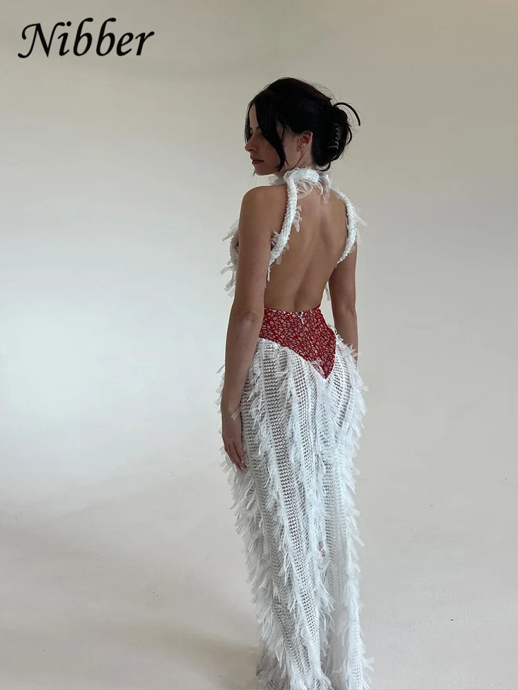 Nibber vestido sexy sem costas para mulheres, chic, com borlas curtas, sem mangas, contraste, moda, festa de aniversário, maxi, bodycon