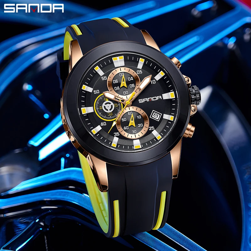 SANDA Sport Analog Quartz Watch for Men Fashion Waterproof Chronograph Wristwatch with Blue Silicone Strap Auto Date Luminous