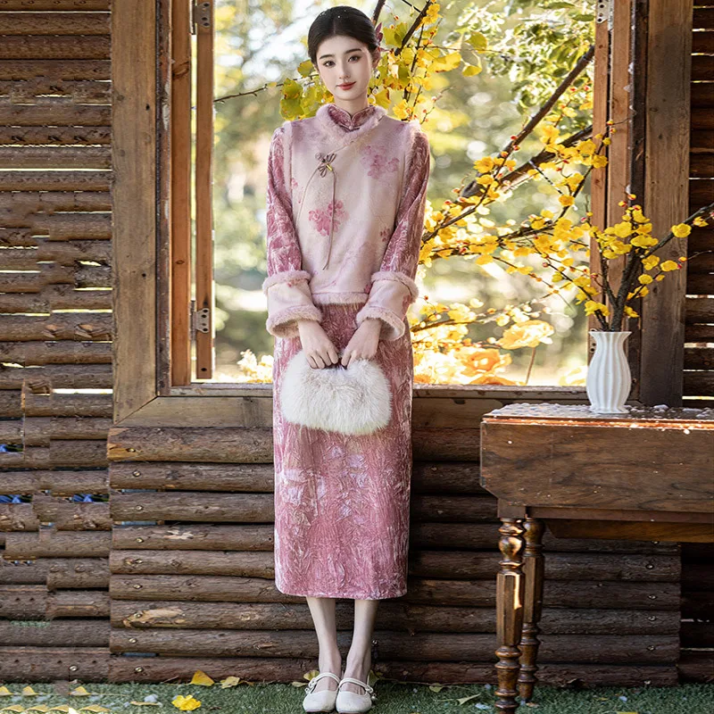 Women Long Qipao Print Elegant 2Pcs Vest&qipao Chenongsam Patch Work Long Sleeve Chinese Dress Tassel Vintage Button Vestidos