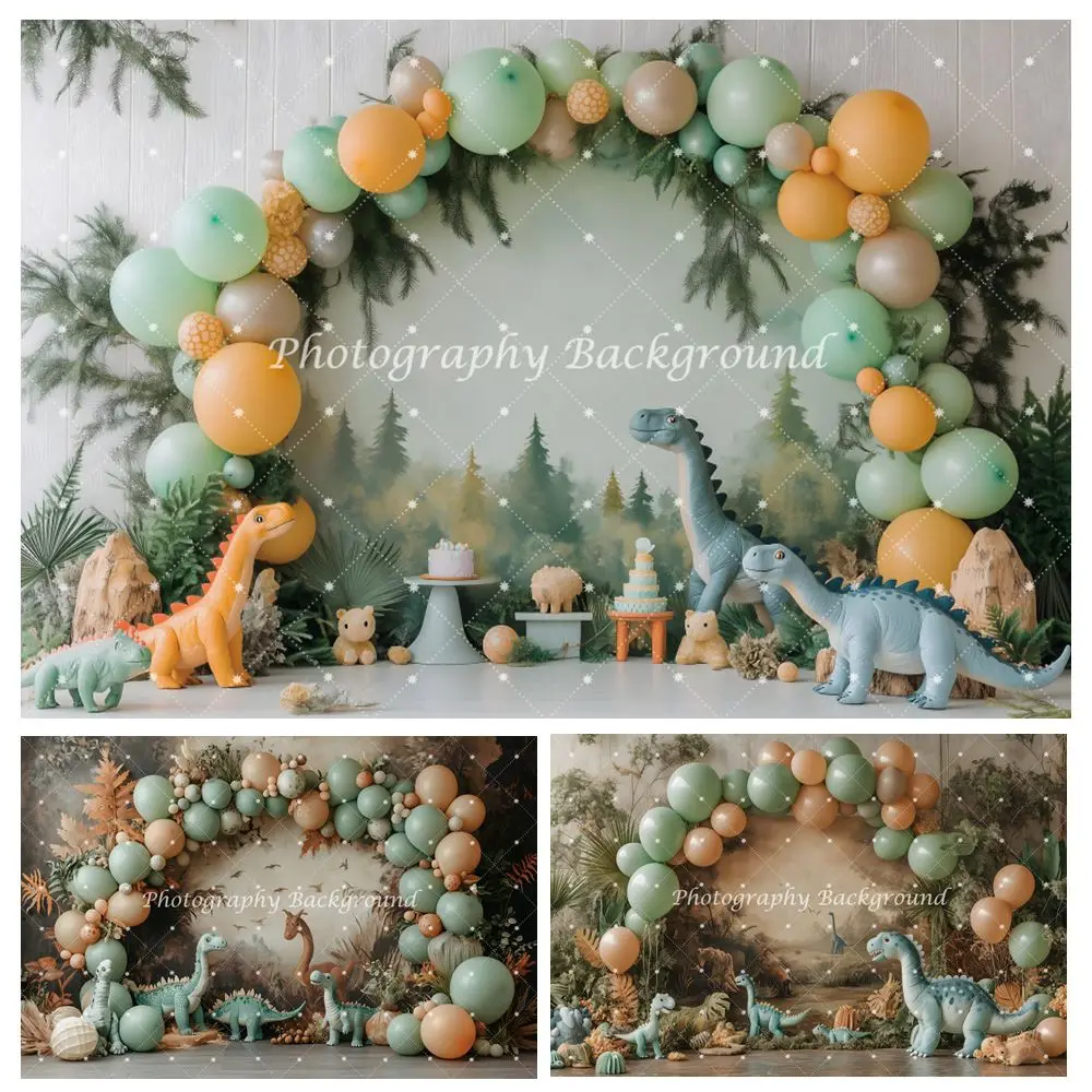Arch Balloons Cute Dinosaur Bithday Party Photography Background Baby Shower Baby 1st Portrait Cake Smash Decor Photo Backdrop