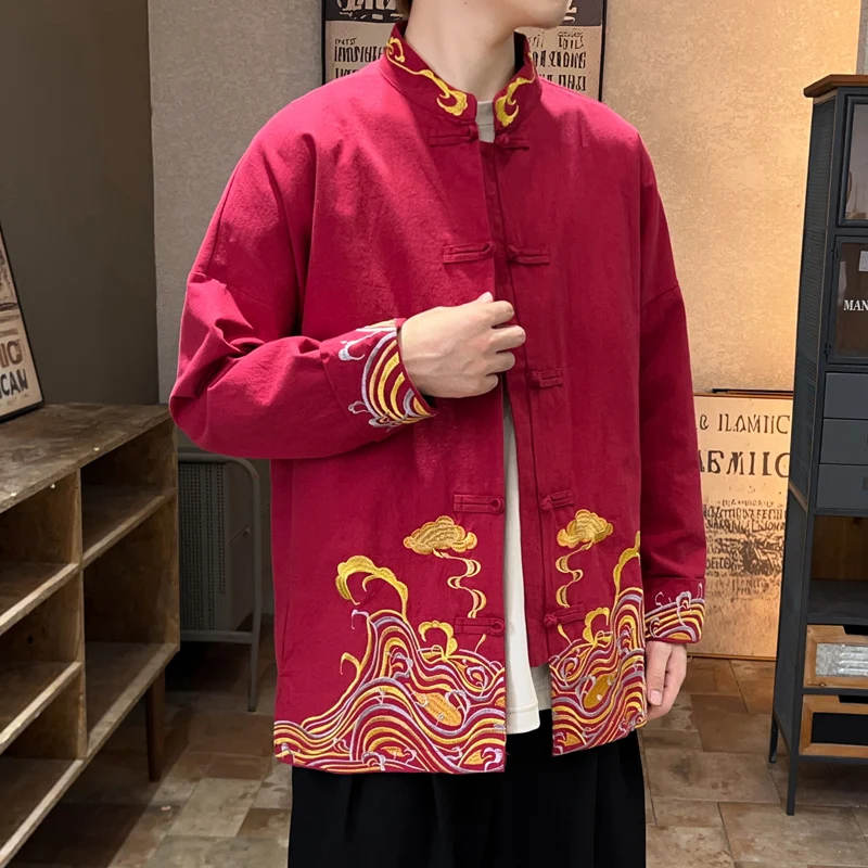 

New Chinese Sle Men's Tang Suit Jaet Long Sve Embroidered Linen Cotton Linen Outerwear Large Size Dragon Pattern