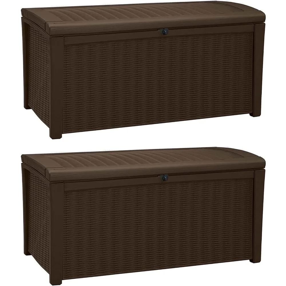 

borneo 110 gallon all weather weatherproof rattan wicker resin outdoor backyard patio porch deck organization storage box bench