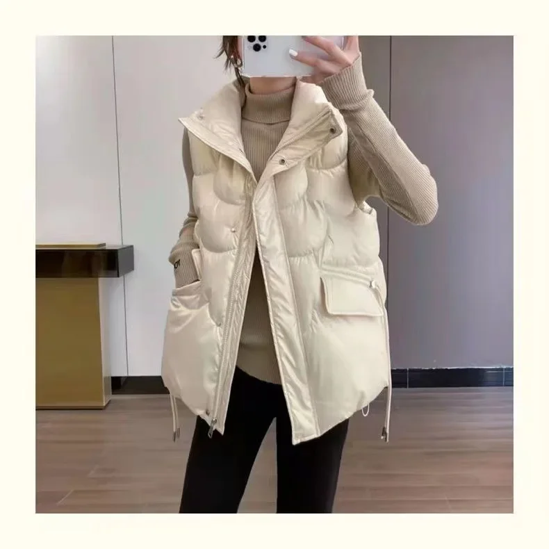 Women Vest Parkas Stand Collar Zipper Coats Sleeveless Jackets Casual Elegant Elegant Autumn Winter Thick Warm Vests Coat