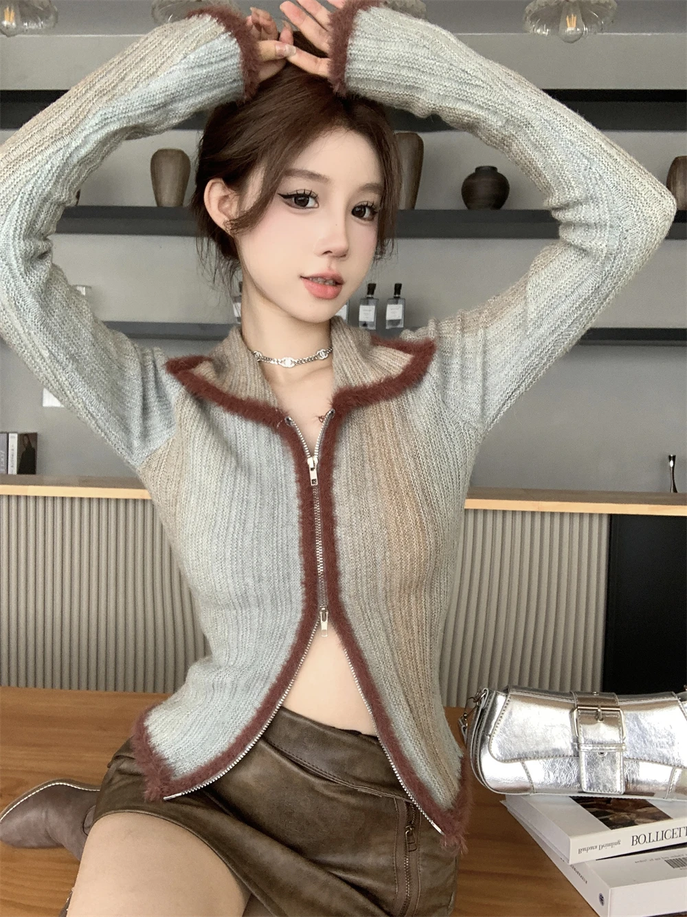 Casual Contrast Colors Cardigans Women New Autumn Long Sleeve Zipper Knitted Top Turndown Collar Design Open Front Sweater