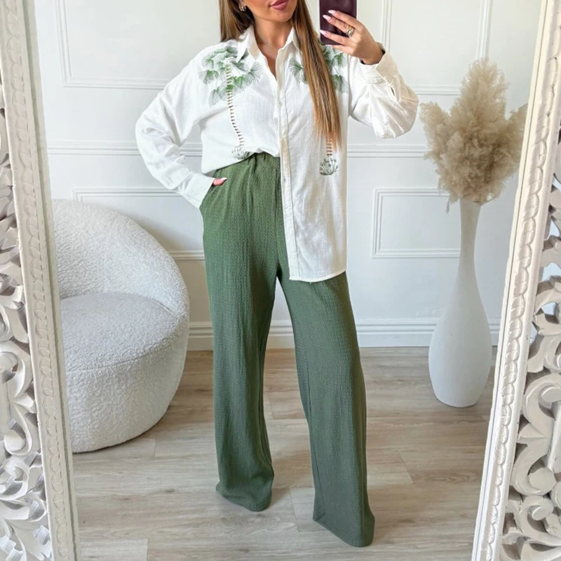 

Women Fashion Printed Pocket Loose Two Piece Sets Elegant Lapel Print Shirt Outfits Casual Long Sleeve Tops with Long Pant Suit