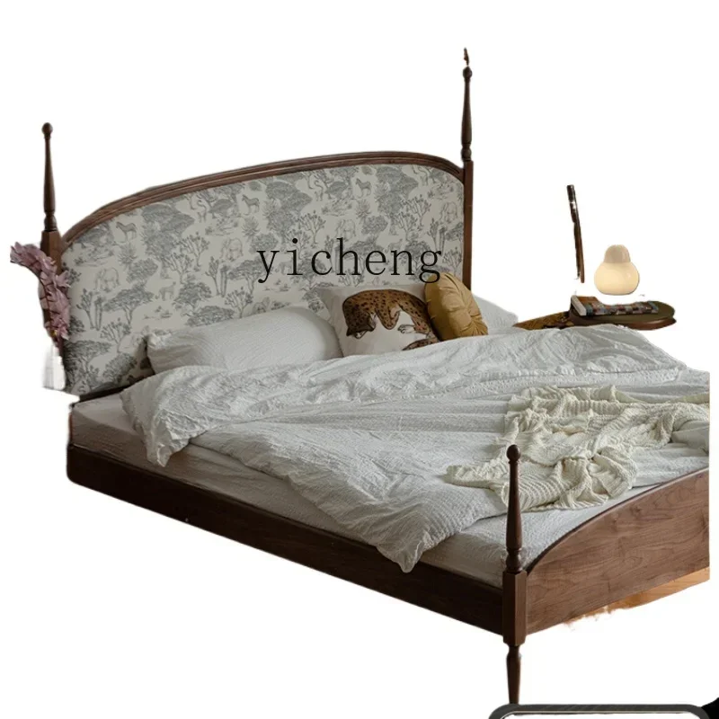 

Zf Vintage Garden Bed 1.8 M Soft Covered Solid Wood Bed Black Walnut Wooden Bed Fabric