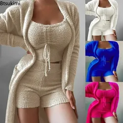 2024 Women's Tracksuit Sets Plush Velvet Tank Tops Shorts Cardigan Coat Three Piece Pajama Sleepwear Lounge Wear Causal Pijamad