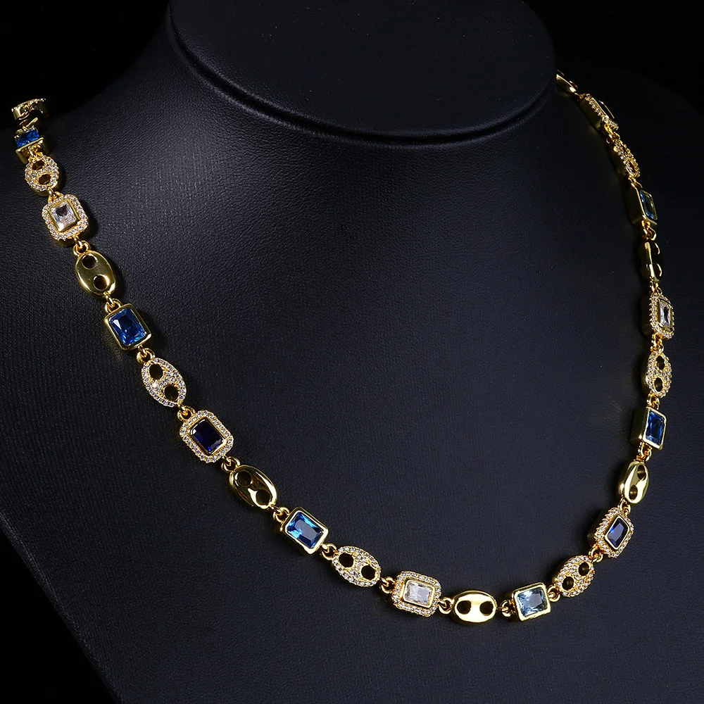 

NY Luxury Pig Nose Choker Necklace Gold Plated Geometric Gemstone Blue White Zircon Fine Jewelry