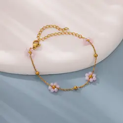 Pink Beads Flower Daisy Bracelets for Women Stainless Steel Gold Color Wrist Bracelet femme Fashion Wedding Waterproof Jewelry