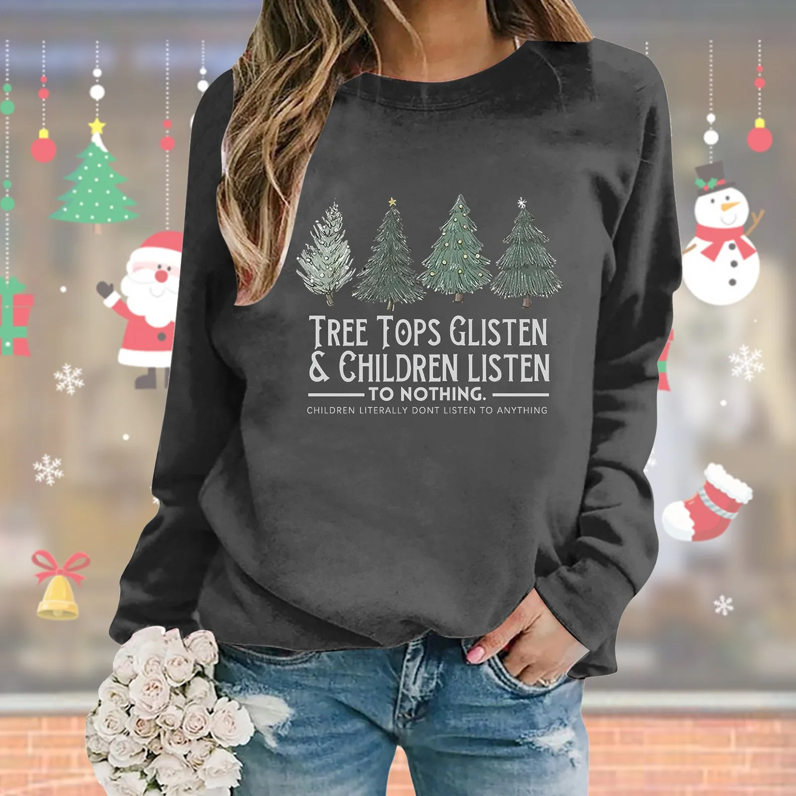 Christmas Oversize Women Long Sleeve Crewneck Sweatshirts Letter Printed Adult Small Hoodie Juniors Blouses Tops Fashion