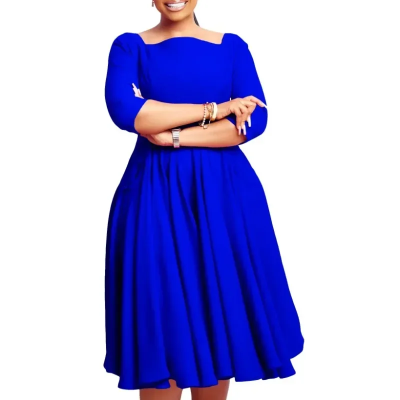 2025 African Dresses for Women Africa Elegant 3/4 Sleeve Square Collar Blue Black Midi Dress Dashiki African Clothing S-3XL