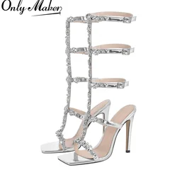 Onlymaker Women Square Toe Rhinestone Summer Sandals Crystal Lace-Up Stiletto Multicolor Cross Strap Thin High Heel Sandals