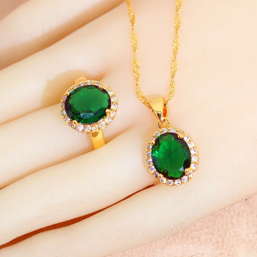 Bridal Jewelry Sets for Women Green Crystal 18K Gold Plated Earrings Necklace Pendant Ring Wedding Gift