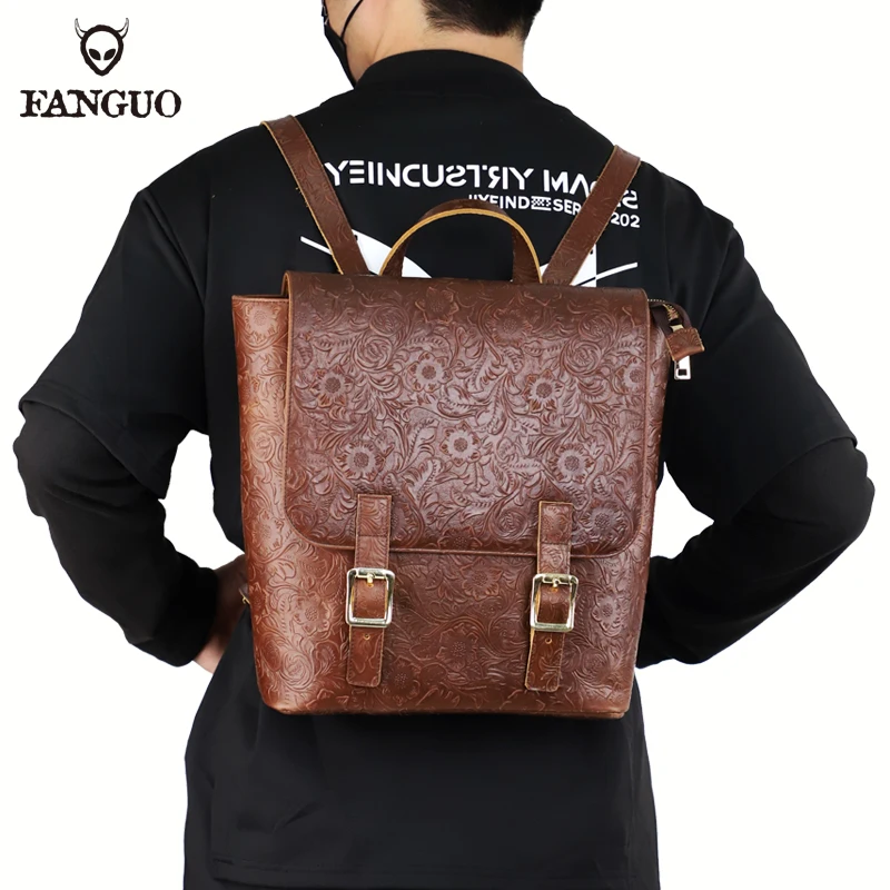 Men Retro Cow Leather Backpack Big Capacity 13 Inch Genuine Leather Rucksack Retro Flap School Daypack Casual Travel Bag