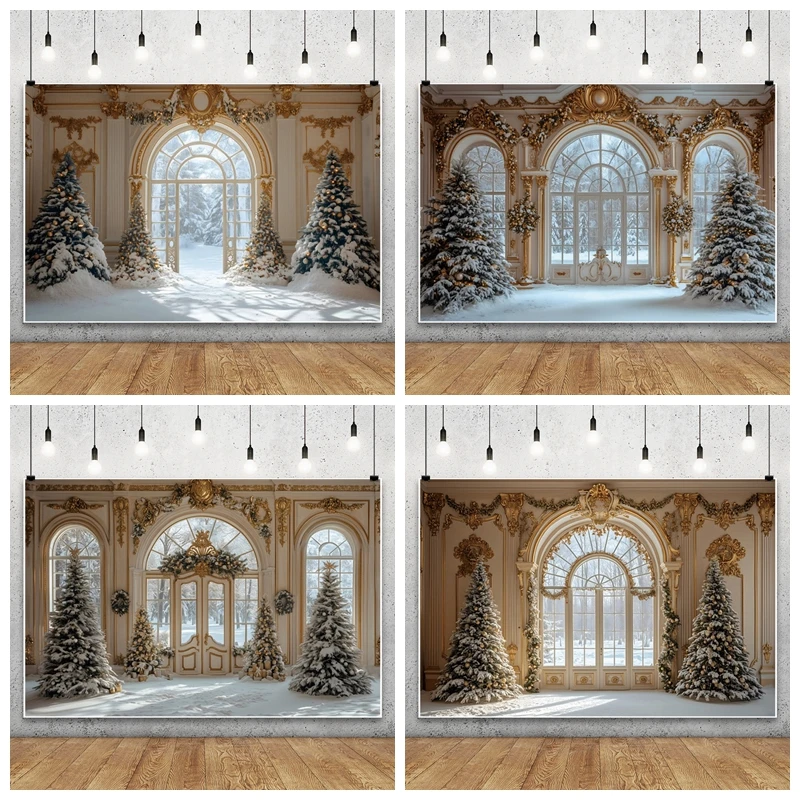 

Christmas Palace Window Photography Backdrop Winter Snow Scene Xmas Tree Baby Portrait Photographic Party Photo Background Prop