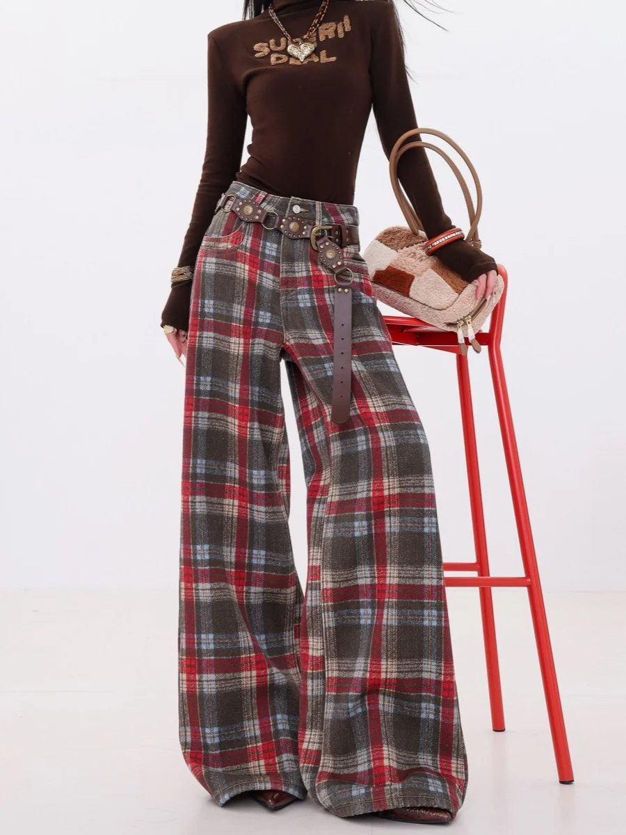 

Retro American Red Plaid Wide Leg Jeans Women's Spring 2026 New Style Slimming Loose Straight Cut Denim Pants Casual Wear