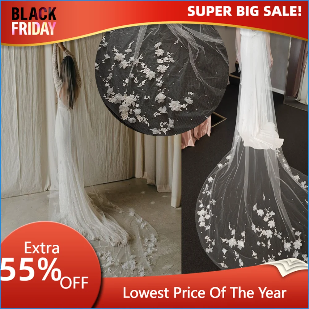 TOPQUEEN V52 3D Flowers Wedding Veil with Pearls  Bridal Veils Long Train Bridal Shower Veu Of Bride 3 Meter  Veu de Noiva