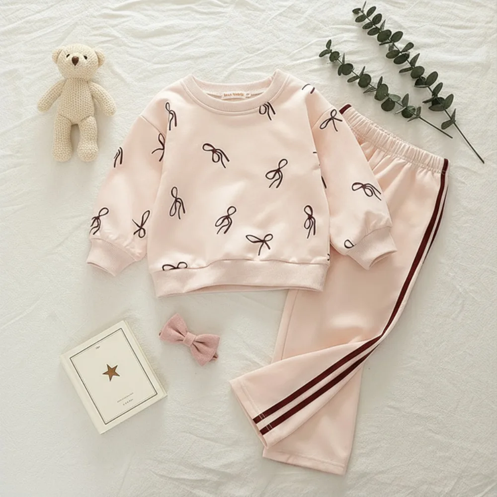 Autumn New Korean Version Plain Children's Suit Bow Printed Long Sleeve Top Pants Two Piece Set Outdoor Sportswear Girls Clothes