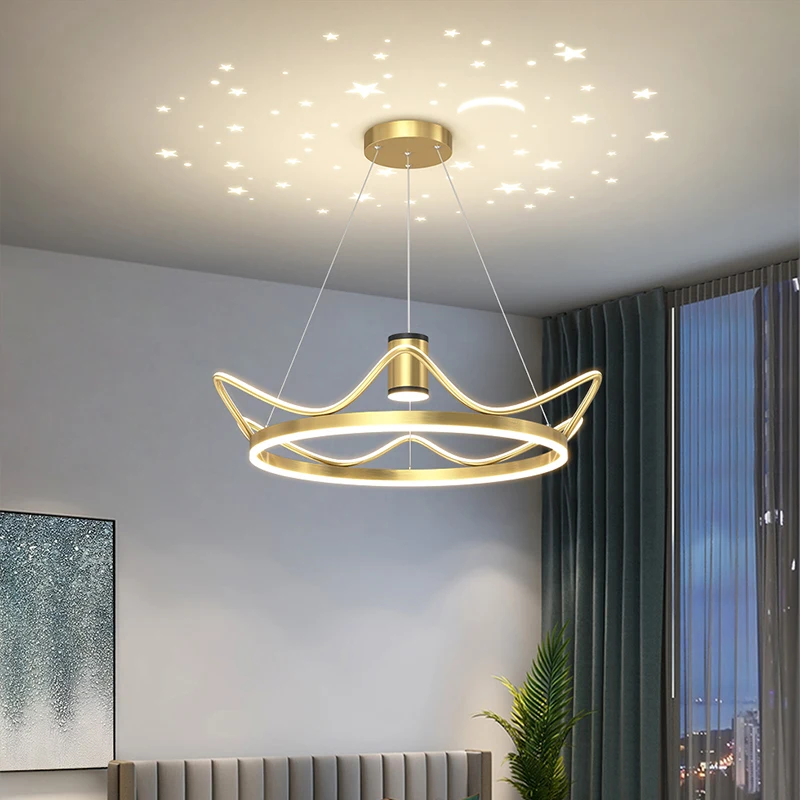 

Modern Crown Starry Ceiling Pendant Lights Gold White Pink Blue Black Kids Bedroom Living Room Home Fixture Interior Lighting