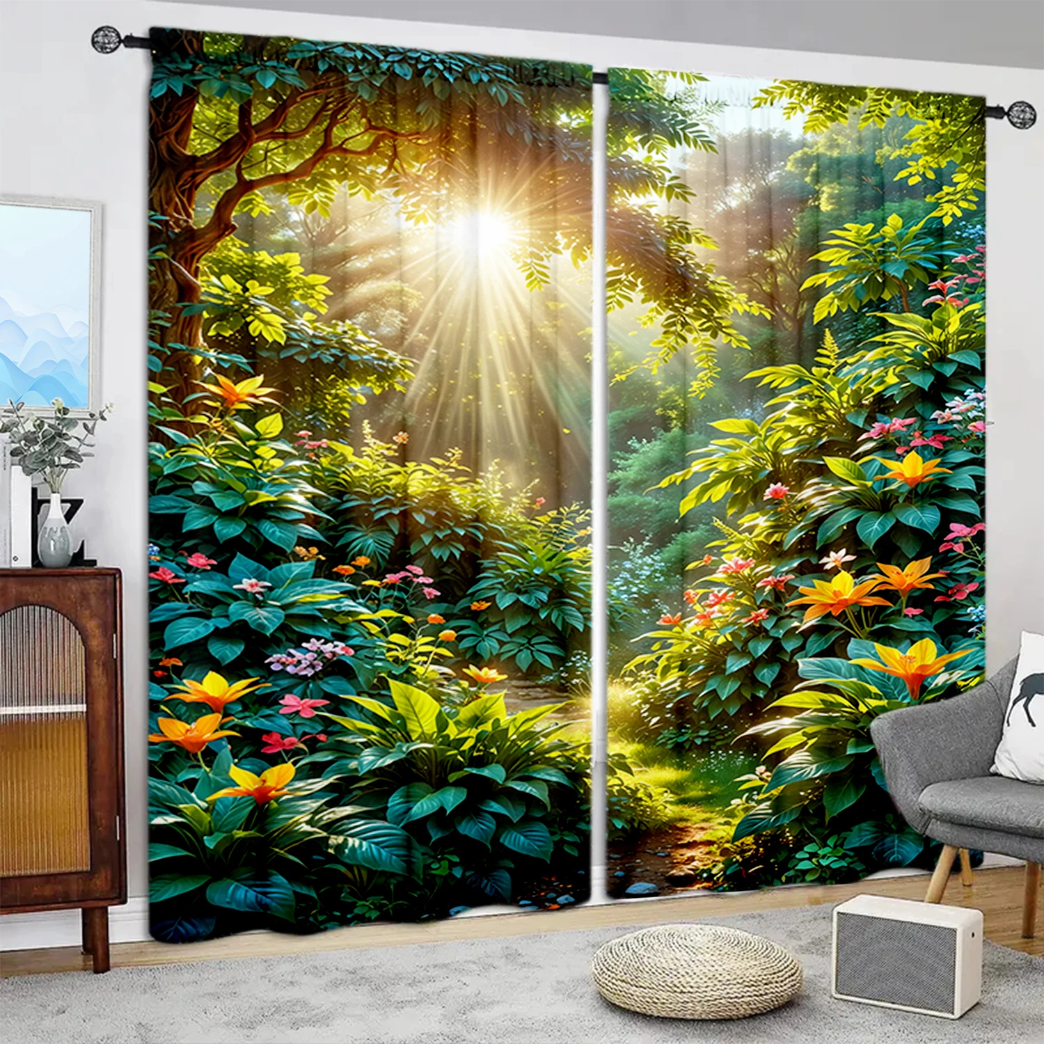 

2pcs Natural Plant Forest Printed Curtain for Home Decor - Rod Pocket Window Treatment for Bedroom, Office, Kitchen, Living Room