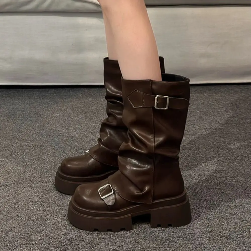 New Design Women Biker Boots Belt Buckle Platform Women's Knee High Booties Gladiator Street Style Y2K Punk Mid Pipe Booties