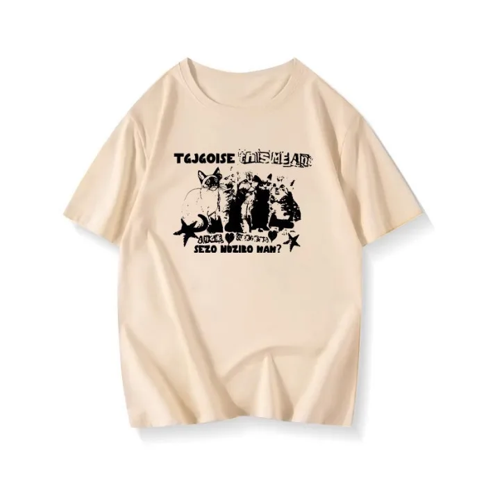 American Retro College Style Men/Women Summer New Cat Print Oversize Short Sleeved T-shirt image 6