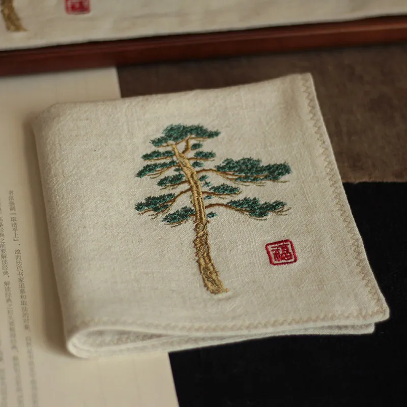 Chinese Traditional Style Pine Tree Embroidery 100% Cotton Handkerchief For Men Portable Sweat Wiping Square Towel Retro Hanfu