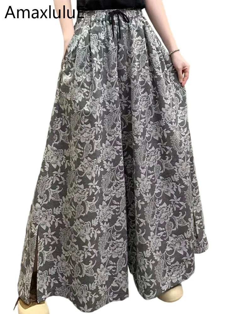 

AmaxluluE 2025 Womens Summer Fashion Luxury Floral Wide Pants Ladies Printed Classic Casual Loose Vintage Elastic Waist Trousers