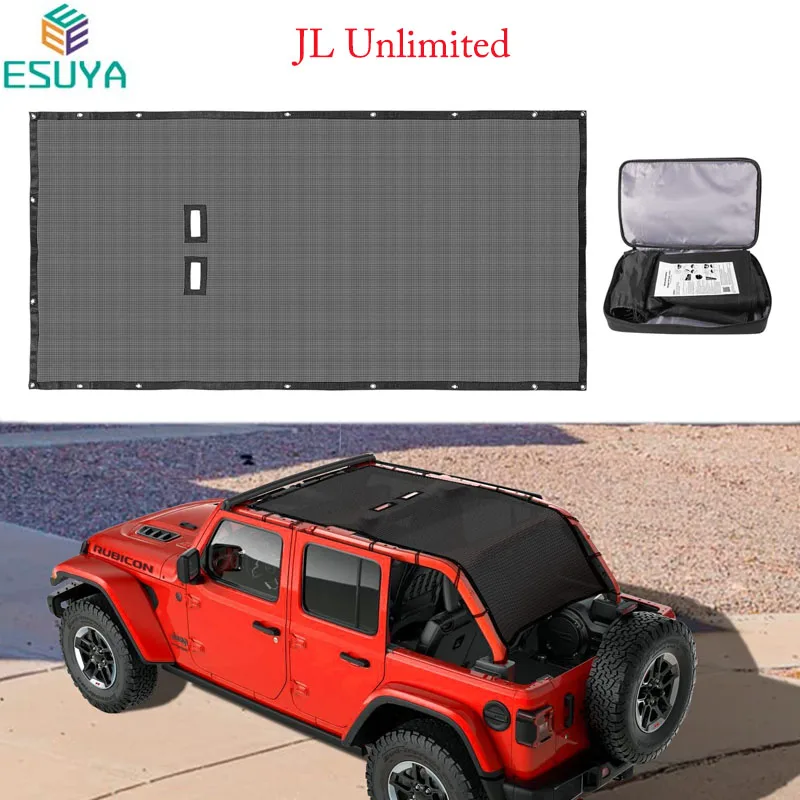 ESUYA For Jeep Wrangler JLU 4 Door Top Sun Shade JL Sunshade (2018-Current) Front+Rear+Trunk & Mesh Screen Cover UV Block