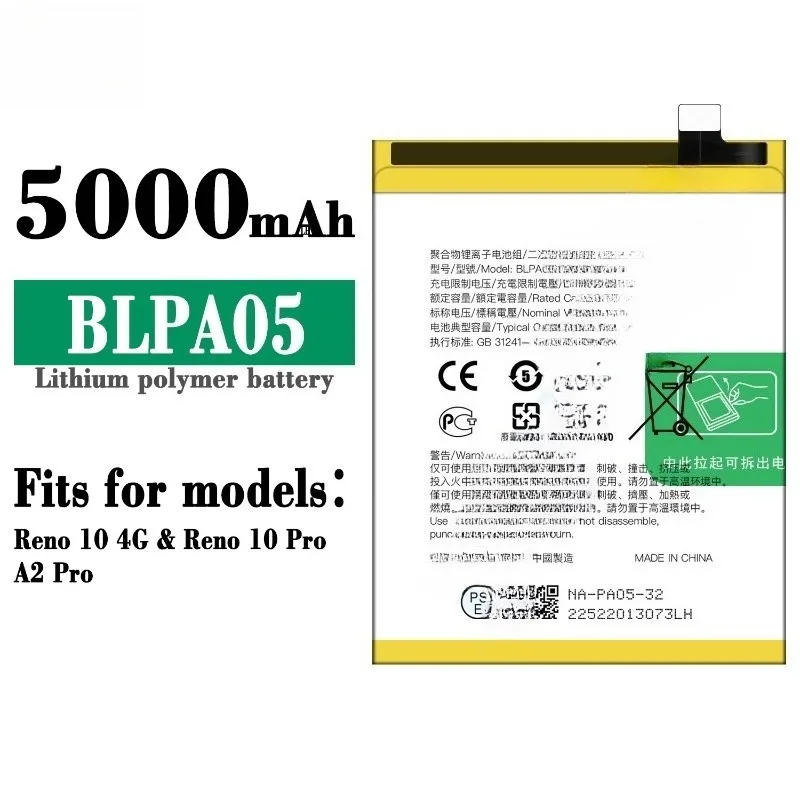 Nuova batteria per telefono cellulare 5000mAh BLPA05 per OPPO RENO 10 5G Batteria di alta qualità per batteria A2 PRO 5G con kit di attrezzi