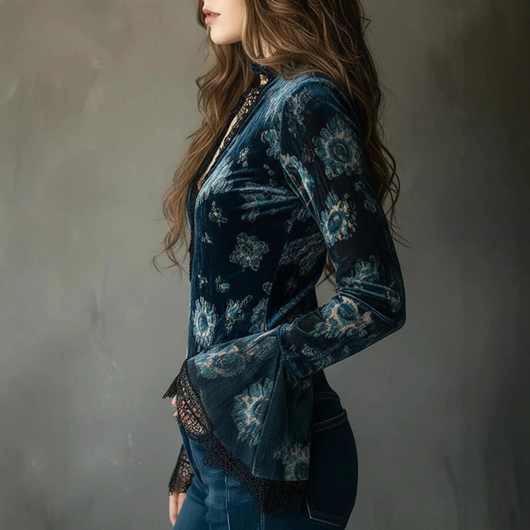 Patchwork V Neck Top Regular Length Commuter Chic with Bell Sleeve Elegant Autumn Slim Fit T Shirts Women Long Sleeve Shirt