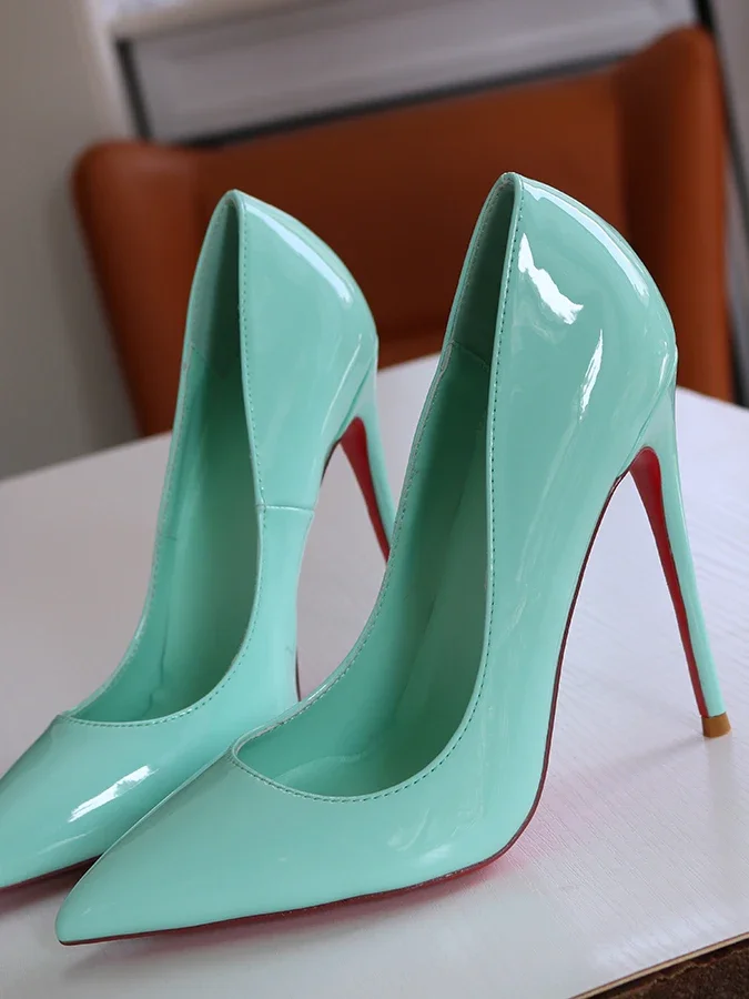 New Macaron Green Lake Blue Lacquer Leather Pointed Ultra High Heels Single Shoe Thin Heel Shallow Mouth French Large 12CM