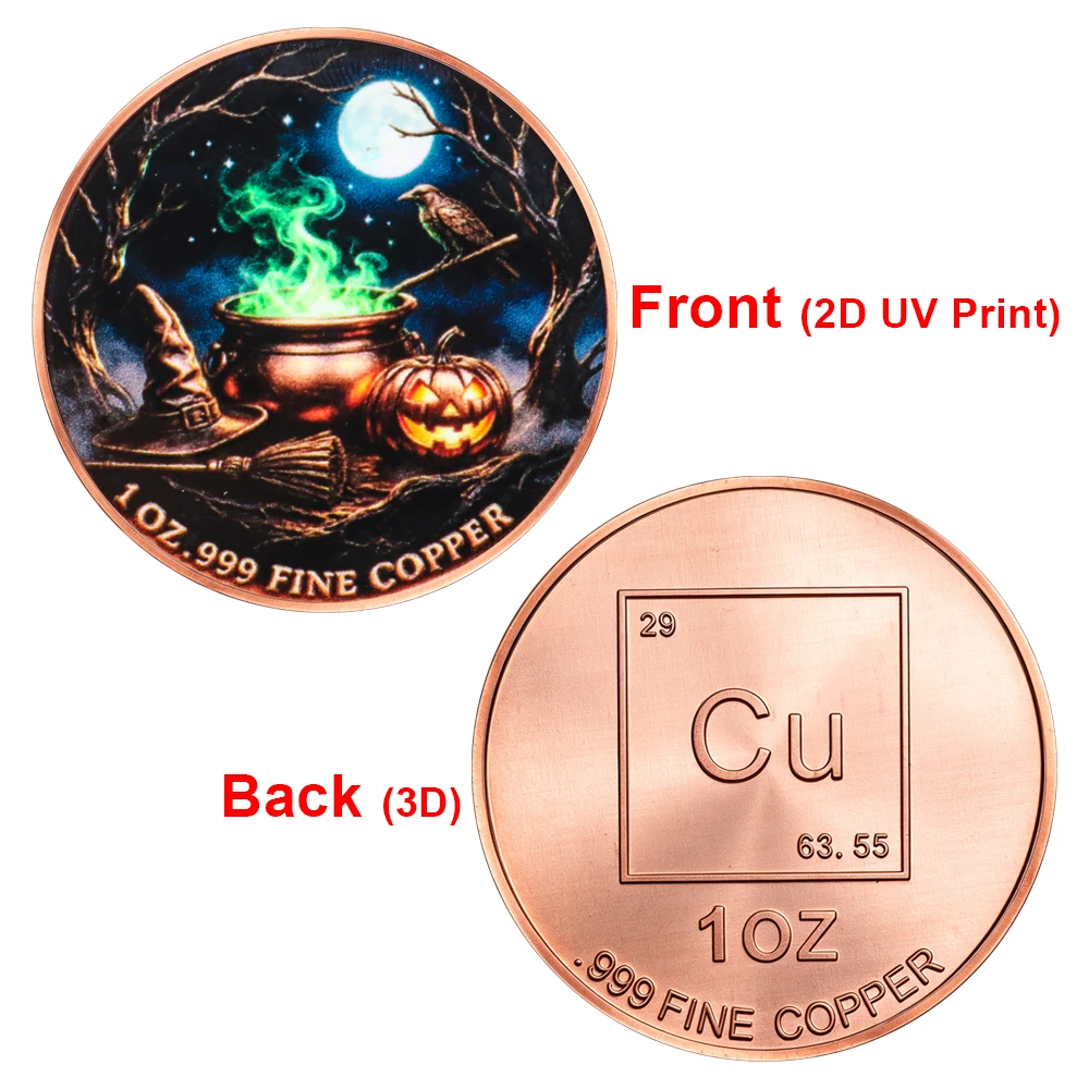 2 Styles 1 oz .999 Fine Copper Halloween Witch Challenge Coin Magic Book Pumpkin Raven Collectible Medal Spooky Night Souvenir
