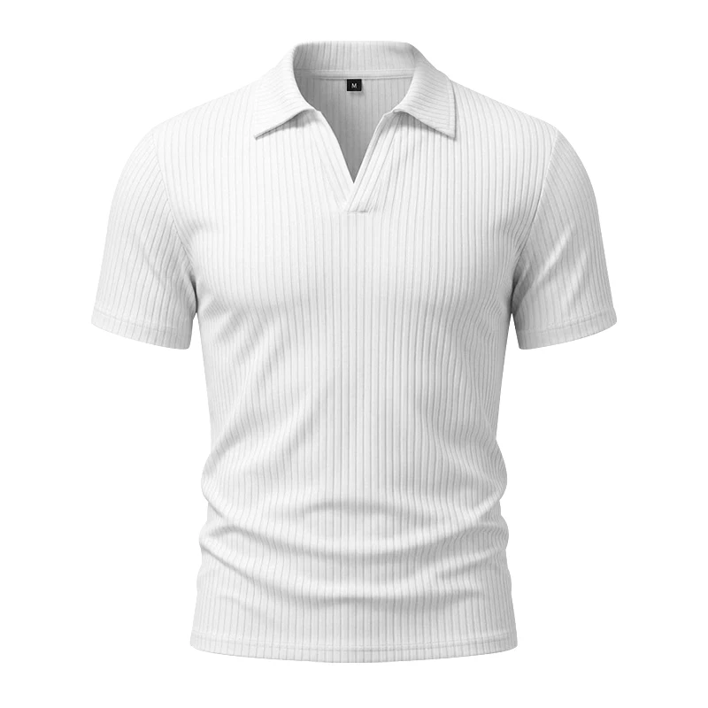 Herren 1-teiliges Gestricktes V-Ausschnitt Kurzarm Slim-Fit Atmungsaktives Eisseide Schnelltrocknendes Golf Business Casual Poloshirt – Detail 5