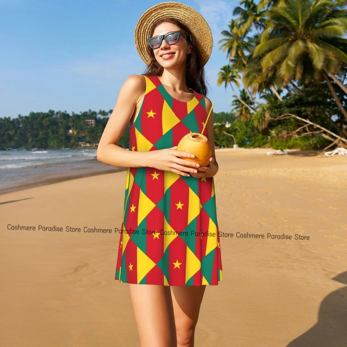 فستان نسائي صيفي كاجوال بعلم الكاميرون فساتين تي شيرت لتغطية الشاطئ فستان بدون أكمام