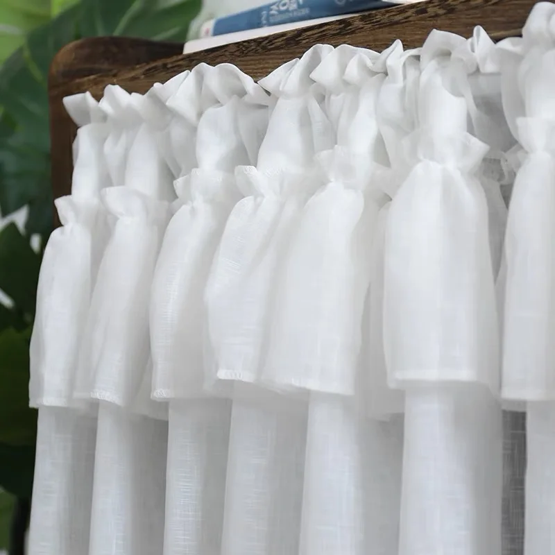 1Panel White Tier Double Pleated Half Curtains,with Faux Linen Look Semi Sheer Drapes ,Short Window Curtains for Kitchen Decor