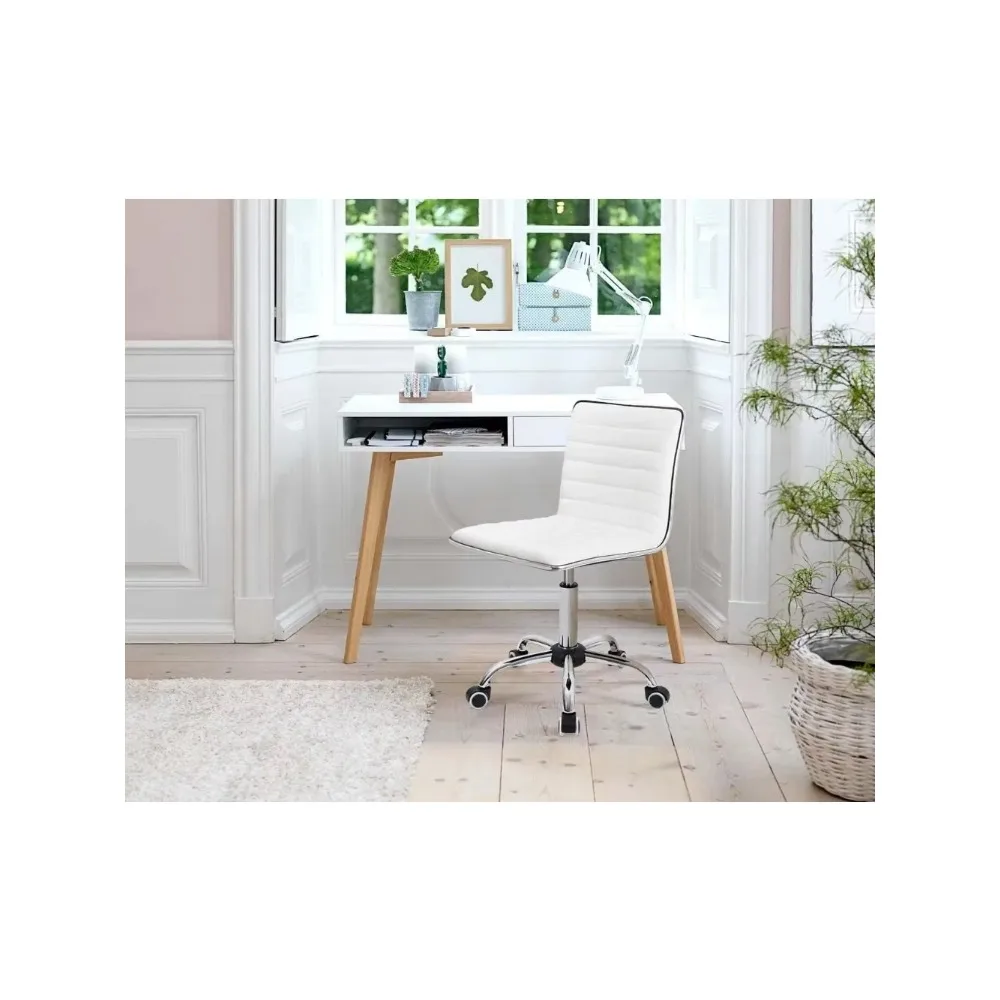 Mid Back Vanity Chair for Makeup Room, Low Back PU Leather Swivel Computer Desk Chair, Task and Office Chair Retro (White)