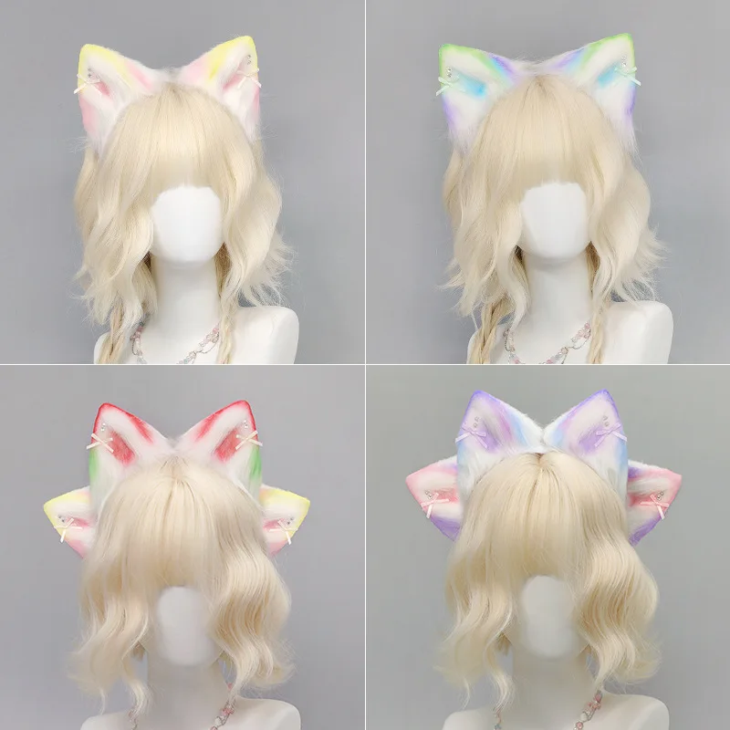 Headband Telinga Kucing Berwarna-warni Gradasi untuk Wanita, Aksesoris Rambut Telinga Binatang Berwarna untuk Pembawa Acara Live Streaming, Cosplay, dan Tari Drag