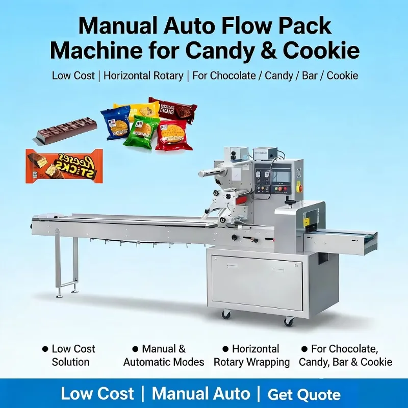 Máquina Empacadora Horizontal Rotativa de Alimentos, Tipo Flow Pack, para Barras de Chocolate, Dulces y Galletas, Manual/Automática, de Bajo Costo, Personalizable