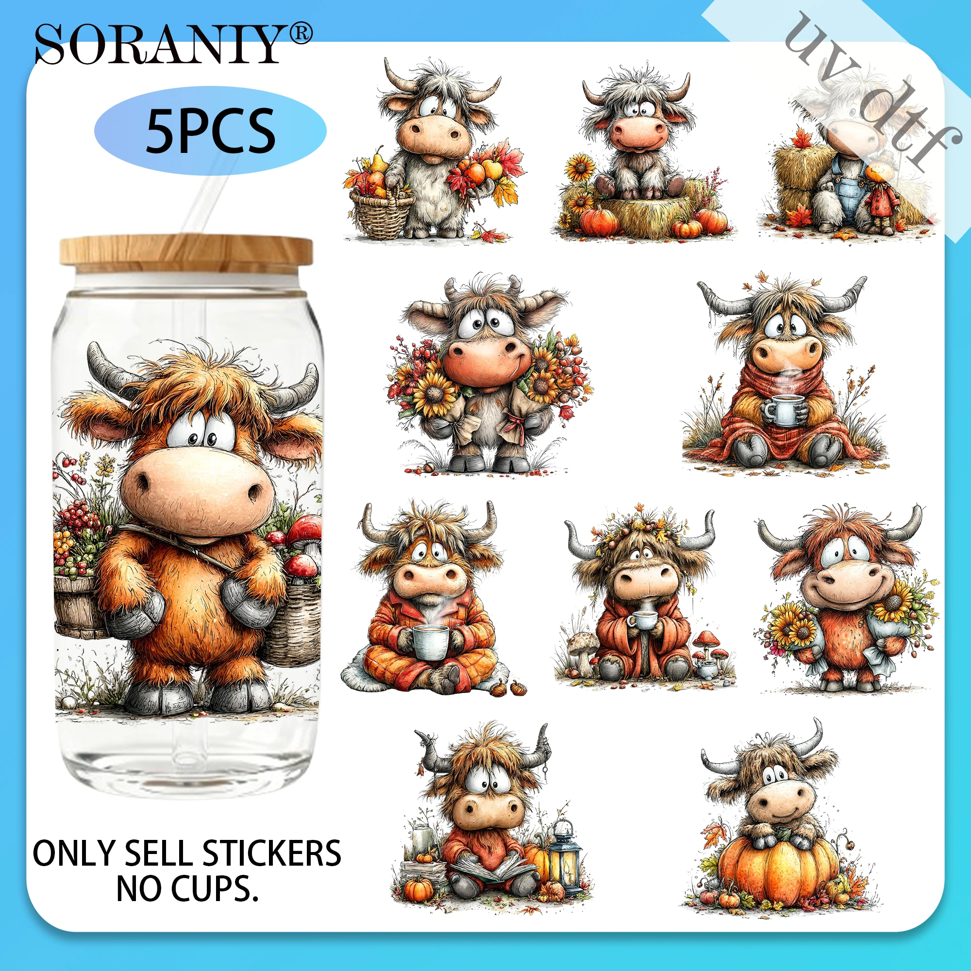 UV DTF 16OZ DIY Transferaufkleber - 5 Stück/Set Herbst Highland Kuh Camping Leben Thema