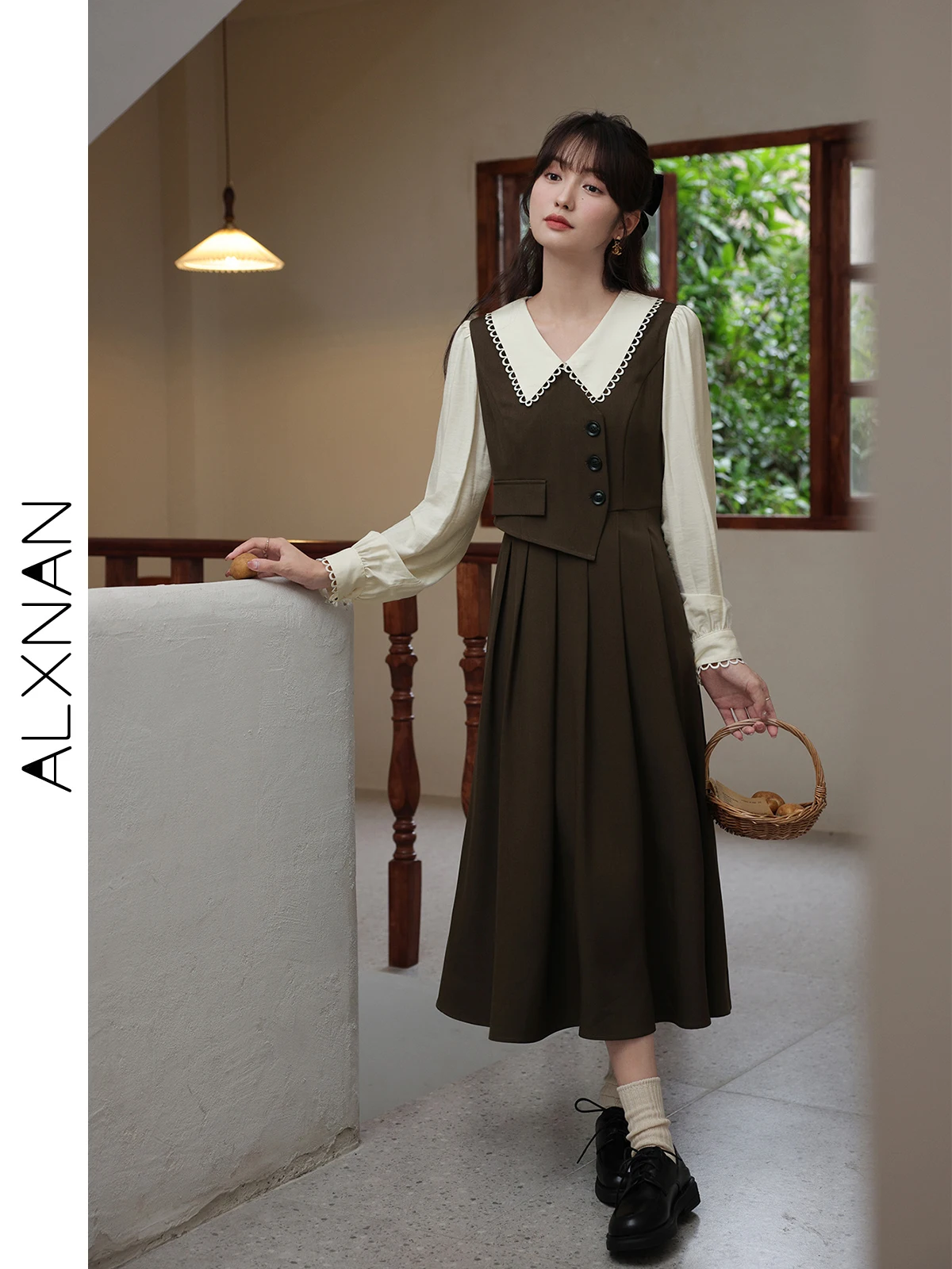 

ALXNAN Autumn Patchwork Fake 2 Piece Midi Dress 2024 Peter Pan Collar High Waisted A-line Long Sleeve Dresses for Women LXN26501