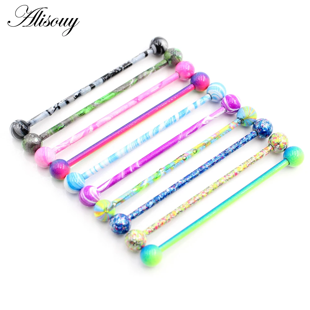 Alisouy 2PC Candy Baking Paint Stainless Steel Ball Earring Piercing Industrial Barbell Bar Scaffold Ear Cartilage Helix Jewelry